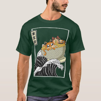 Camiseta Felizes Gatos Comendo Ramen Navegando Kanagawa Wav
