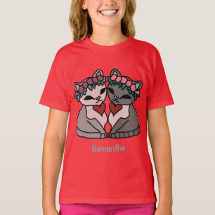 Camiseta Felizes Gatos Minimalistas com Corações Amor