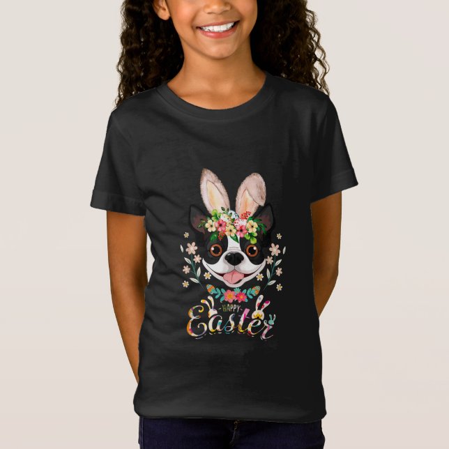 Camiseta Felz pascoa Bunny Boston Terrier sobe com leste (Frente)