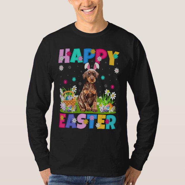 Camiseta Felz pascoa Bunny Doberman Pinscher Páscoa De Cach (Frente)