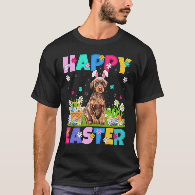 Camiseta Felz pascoa Bunny Doberman Pinscher Páscoa De Cach (Frente)
