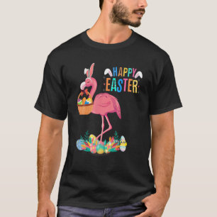 Camiseta Felz pascoa Bunny Flamingo Com Cesta De Ovos De Pá