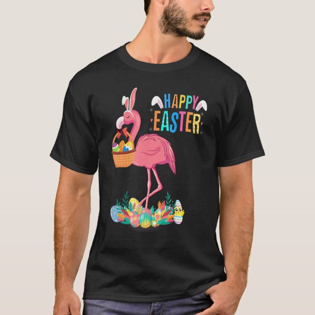Camiseta Felz pascoa Bunny Flamingo Com Cesta De Ovos De Pá (Frente)