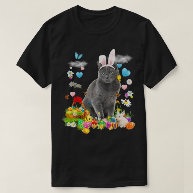 Camiseta Felz pascoa Coelhinho Gelado Gato Russo Azul Cesto (Frente do Design)
