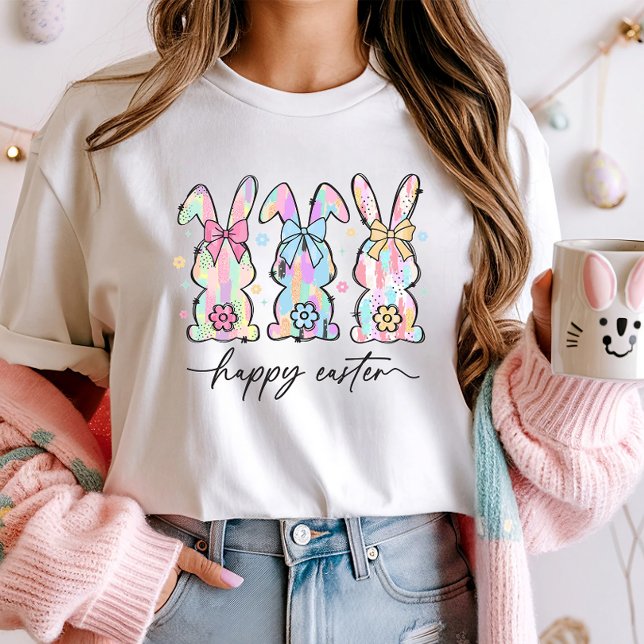 Camiseta Felz pascoa, Coelhos Pastel e Floral (Criador carregado)