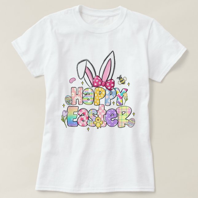 Camiseta Felz pascoa Colorido Bunny Floral (Frente do Design)