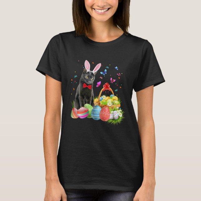 Camiseta Felz pascoa com cesto de ovos de gata preto e coel (Frente)