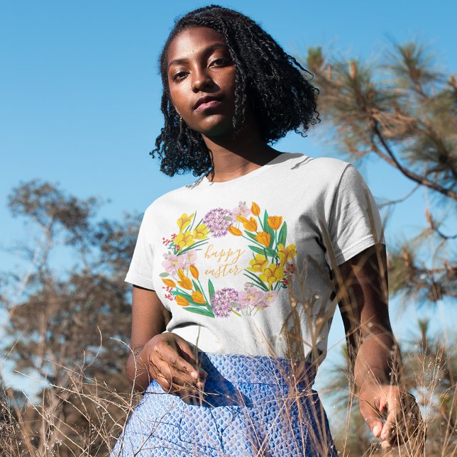 Camiseta Felz pascoa de flores de primavera amarelas e verd (Criador carregado)