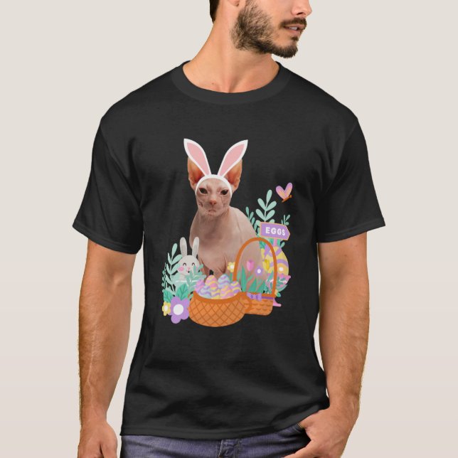 Camiseta Felz pascoa engraçado esphynx gato coelho ovo cest (Frente)
