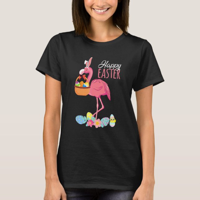 Camiseta Felz pascoa Flamingo Com Cesta De Ovos De Páscoa H (Frente)