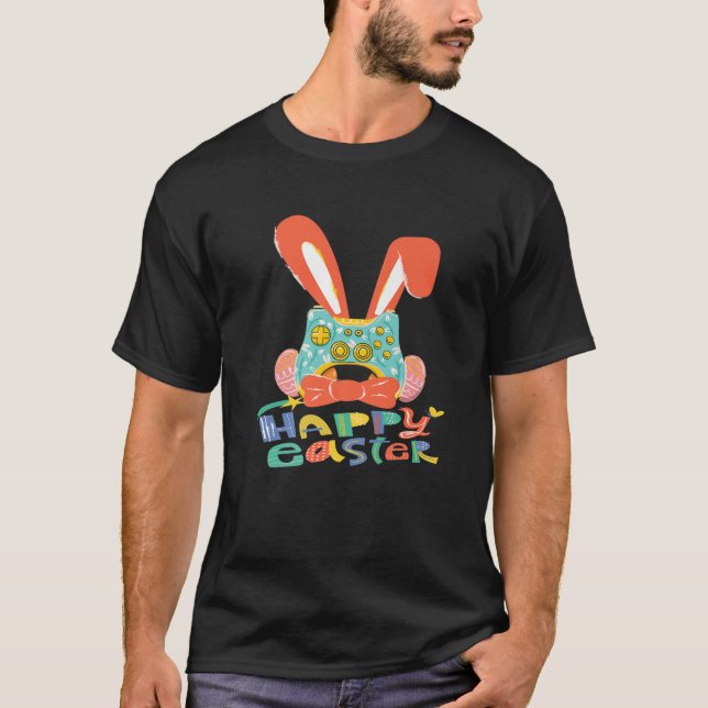 Camiseta Felz pascoa Joystick Bunny Tie Crianças Engraçadas (Frente)