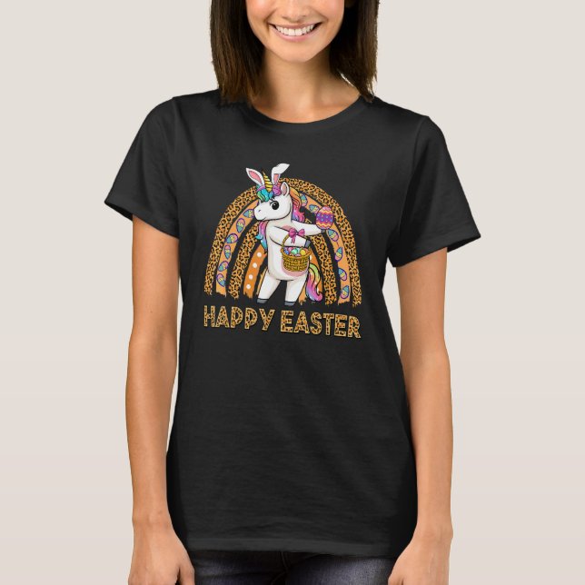 Camiseta Felz pascoa Rainbow Unicorn Vestindo Bunny Ears Hu (Frente)