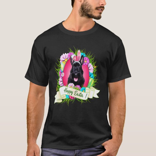 Camiseta Felz pascoa Scottish Terrier Vestindo Bunny Eg (Frente)