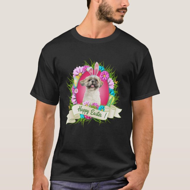 Camiseta Felz pascoa Shih Tzu Vestindo Ovos De Ouvido Coelh (Frente)