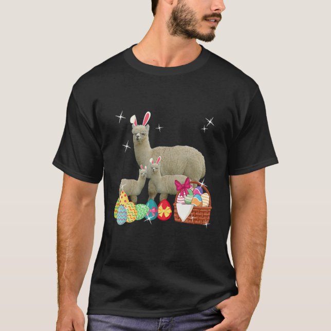 Camiseta Felz pascoa Três Llama Vestindo Bunny Ear Llama L (Frente)