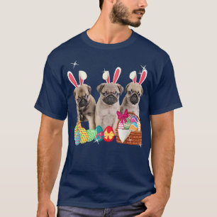 Camiseta Felz pascoa Três Pug Vestindo Cachorro Coelho