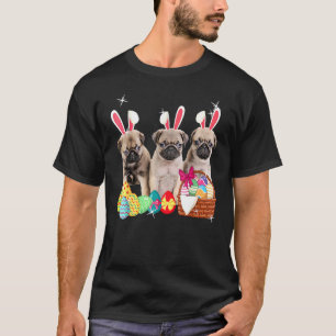 Camiseta Felz pascoa Três Pug Vestindo Cachorro De Ouvido C
