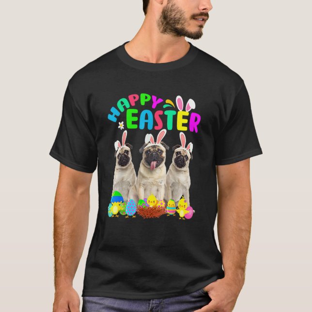 Camiseta Felz pascoa Três Pug Vestindo Coelhinho (Frente)