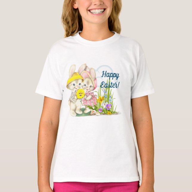 Camiseta Felz pascoa Vintage Bunnies & Flowers (Frente)