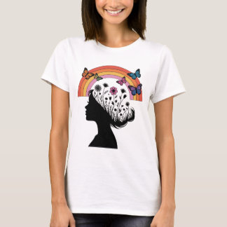 Camiseta Female Silhouette Floral Rainbow Illustration