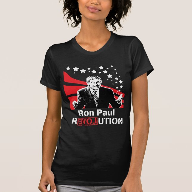 Camiseta Fêmea do t-shirt do preto da revolução de Ron Paul (Frente)