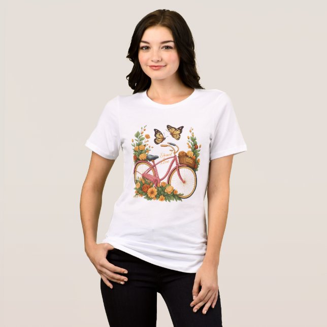 Camiseta Feminina Bicicleta Vintage com Flores | F (Frente Completa)