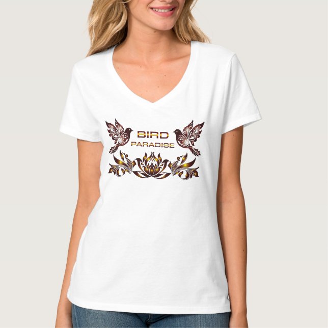 Camiseta feminina BIRD PARADISE decote V (Frente)
