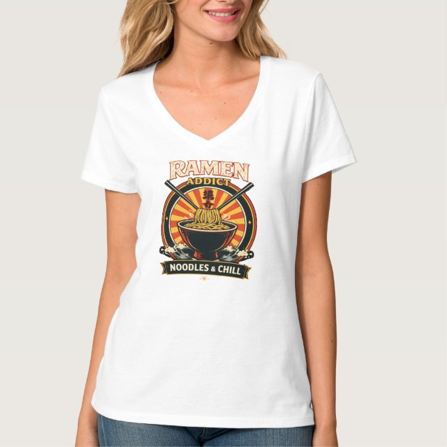 Camiseta feminina branca com decote em V com Ramen (Frente)