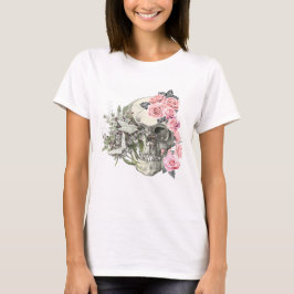 Camiseta Feminina Caveira com Rosas Rosa