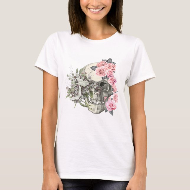 Camiseta Feminina Caveira com Rosas Rosa (Frente)