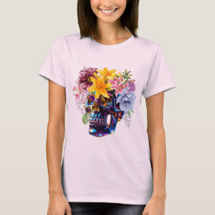 Camiseta Feminina Caveira de Vidro com Flores de P