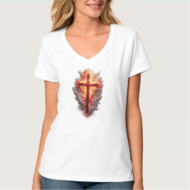 Camiseta Feminina com Cruz Cristã Flamejante e Dec