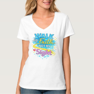 Camiseta feminina com decote em V 'Caminhe pela Fé