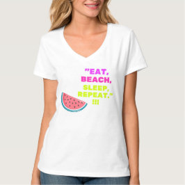 Camiseta feminina com decote em V Coma Praia Durma