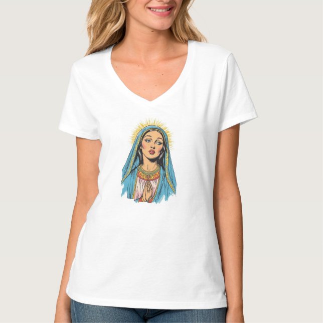 Camiseta Feminina com Decote em V Estilo Retrô Vir (Frente)