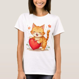 Camiseta Feminina de Gato Amarelo Segurando Coraçã