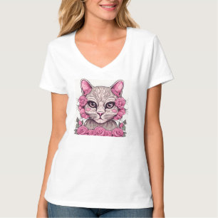 Camiseta Feminina de Gato com Rosas Rosa