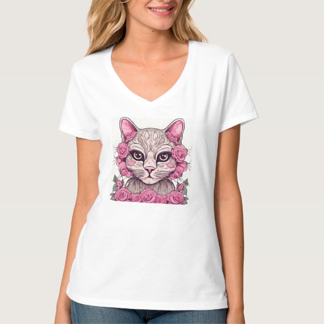 Camiseta Feminina de Gato com Rosas Rosa (Frente)