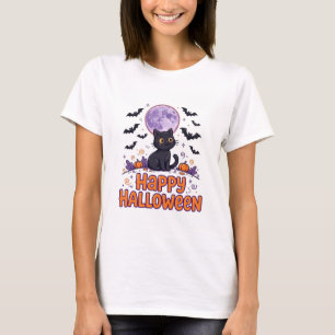Camiseta Feminina de Gato Feliz no Halloween