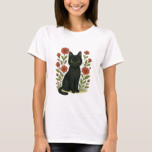 Camiseta Feminina de Gato Preto Fofo e Jardim de F