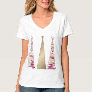 Camiseta feminina de gola V com árvore de Natal do