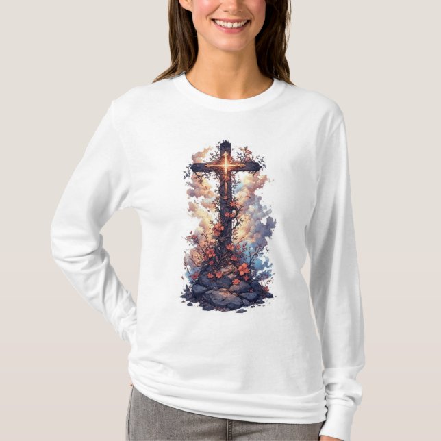 Camiseta Feminina de Manga Longa com Cruz Cristã B (Frente)