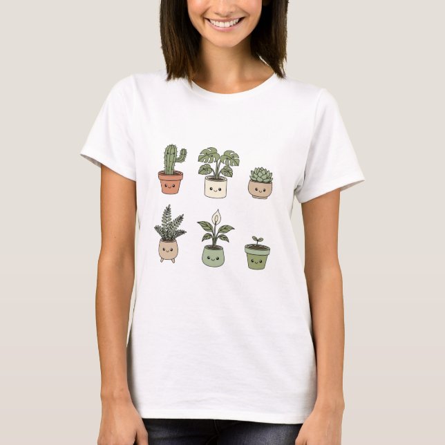 Camiseta Feminina de Plantas Caseiras Sorridente e (Frente)