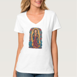 Camiseta feminina decote em V da Virgem de Guadalu