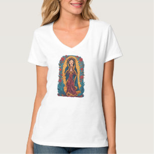 Camiseta feminina decote em V da Virgem de Guadalu