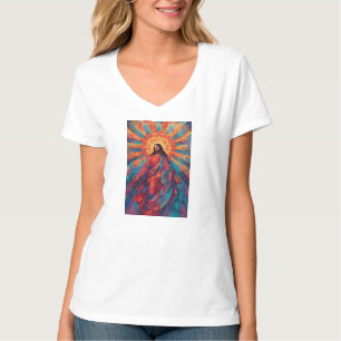 Camiseta feminina decote em V Jesus Ressuscitado C