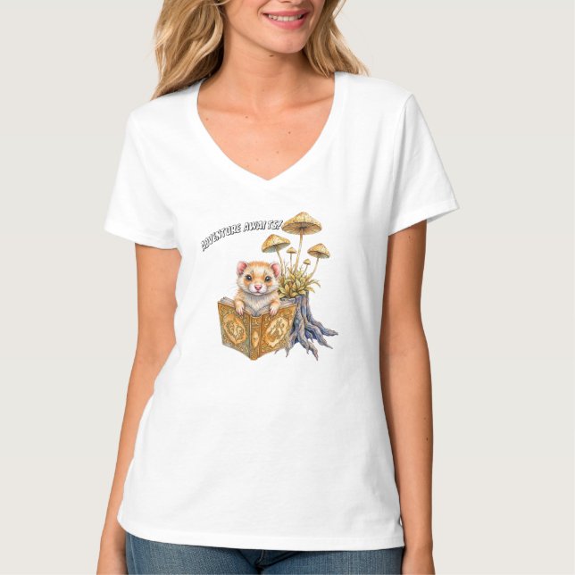 Camiseta Feminina Decote V Adventure Awaits Leitor (Frente)