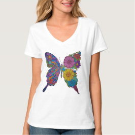 Camiseta Feminina Decote V Floral Borboleta Arco-Í