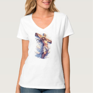 Camiseta feminina decote V Jesus na Cruz Cristã
