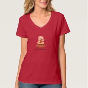 Camiseta Feminina Decote V Urso Fofo Guitarra